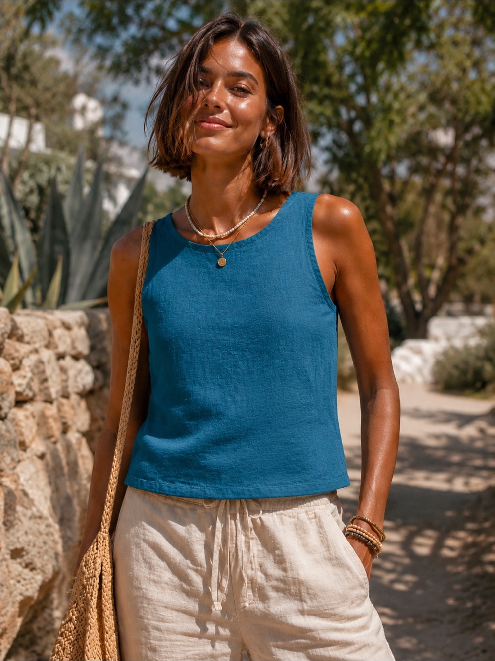 CONSCIOUS CLOTHING Peacock Blue Linen Boxy Shell Tank Top Size Medium